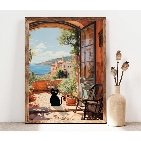 Black Cat Open Window Floral Home Wall Picture, Unframed Paper Poster 8x10in