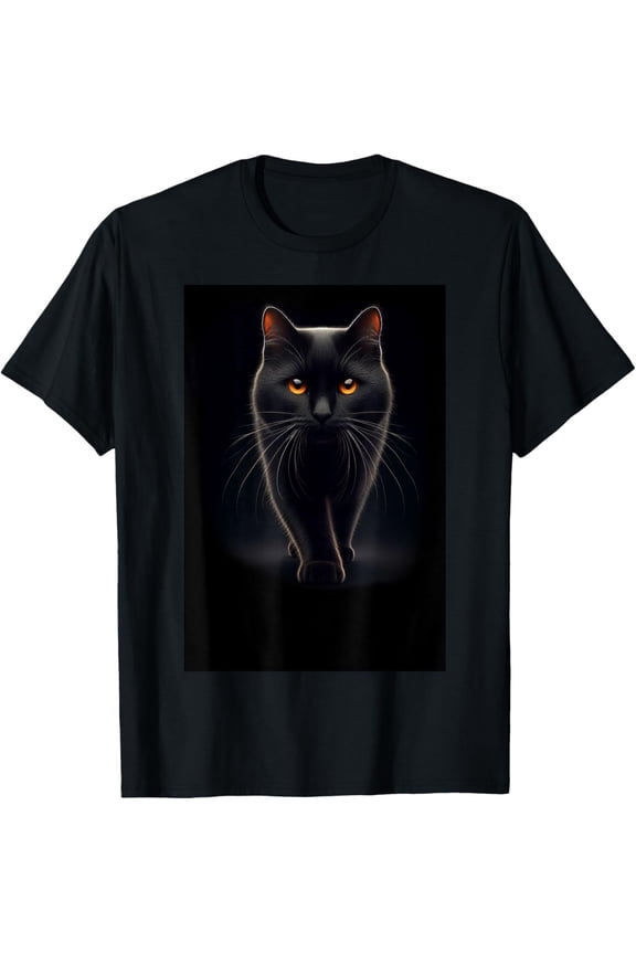 Black Cat Orange Eyes Walking Graphic T-Shirt