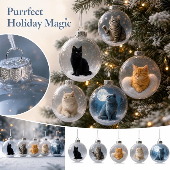 Black Cat Ornament Christmas Ornament 4 Inch Clear Glass Bauble with Cat Inside Snow Inside Bauble for Indoor Christmas Decorations Home Holiday Display, 1 Pack
