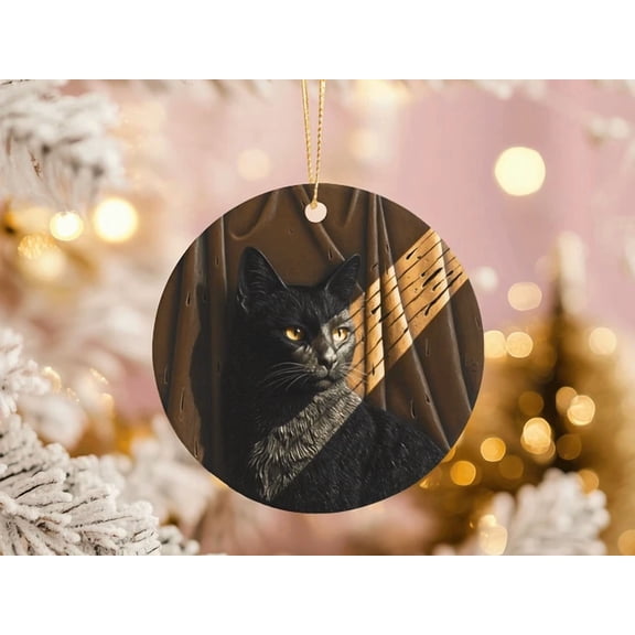 Black Cat Ornament Golden Light Shadow Ceramic Christmas Gift Cat Lovers 2D FLAT CIRCLE Ceramic Ornament