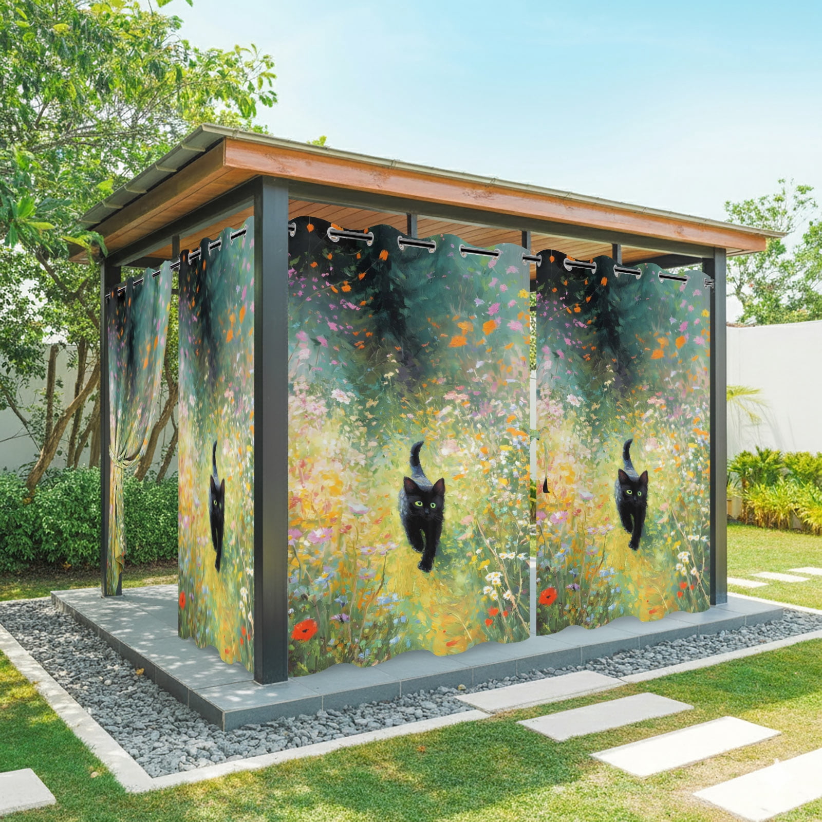 Black Cat Outdoor Curtains for Patio, Colorful Floral Wildflowers Garden Boho Sunshade Privacy Drapes Grommet Waterproof Outside Curtains for Porch/Cabana/Balcony 54"x 108", 1 Panel