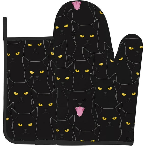 Black Cat Oven Mitts Pot Holders Set of 2, Kitchen Heat Resistant Hot Pads for Women Men Cooking BBQ Baking