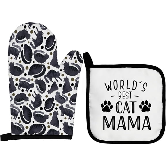 Black Cat Oven Mitts and Pot Holders Sets, World''s Best Cat Mama Oven Mitts, Cat Mom Gifts, Cat Lady Gifts for Women, Cat Over Mittens for Kitchen Decor, Cat Over Gloves Gifts