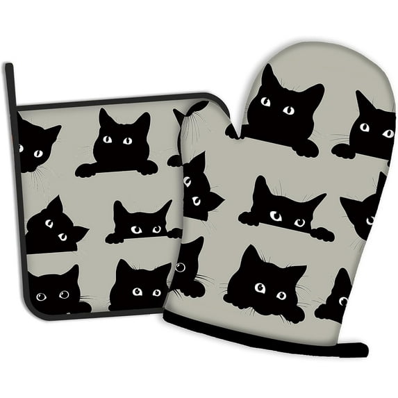 Black Cat Oven Mitts and Pot Holders Kitchen Cooking Gloves 2 Pcs Set Heat Resistant Pad for Baking BBQ Home Decor