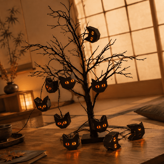 Black Cat Paper Lantern String Lights with 15 Orange LEDs, 11.3ft Length
