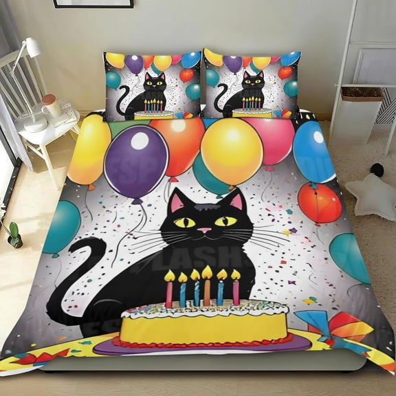 Black Cat Party Themed Bed Sheet Set Three Piece Set 53x79 Inches Comfortable And Skin Friendly Unique Design Creating A Star Studded Night