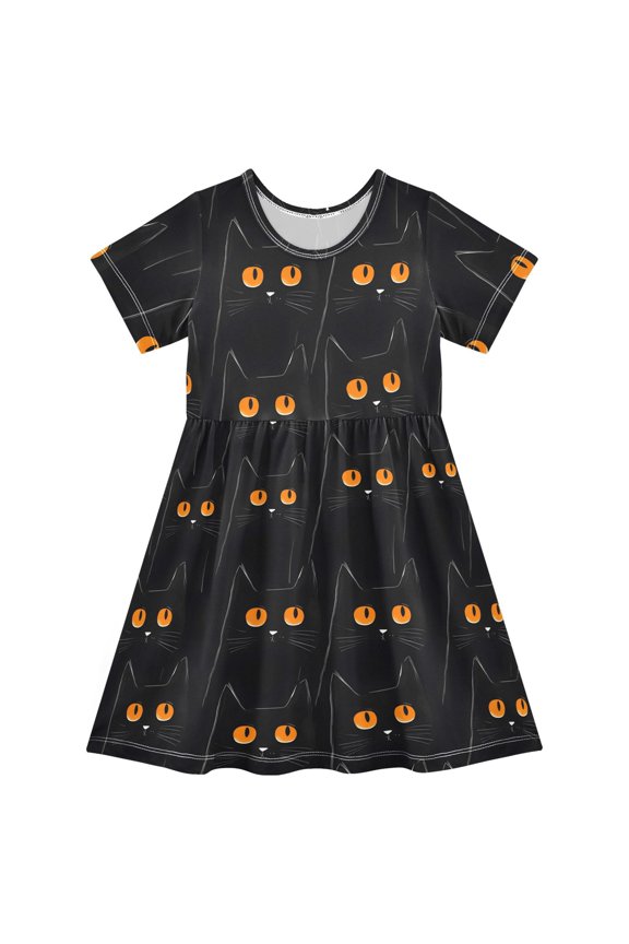 Black Cat Pattern Girls Short Sleeve Dress A Line Sun Protection Breathable Comfort Sundress 3T