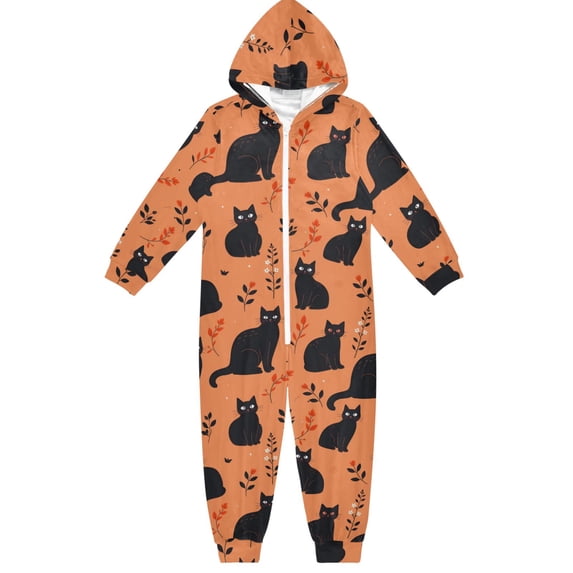 Black Cat Pattern One Piece Pajamas Soft Jumpsuit Cozy Sleep and Play Romper Zipper and Pockets 9Y-11Y