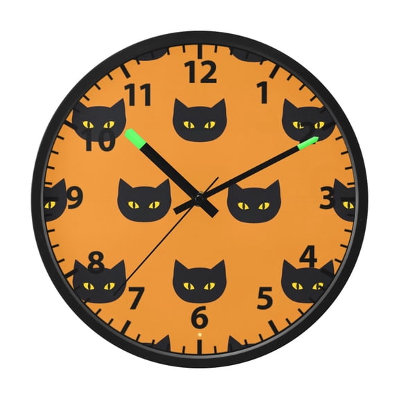 Black Cat Pattern Orange Wall Clock 12 Inch Voice Activated Night Light Silent Non Ticking