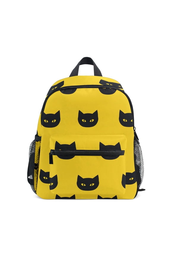 Black Cat Pattern Yellow Mini Backpack Cute Small Backpack with Chest Strap and Whistle Ages 3-8