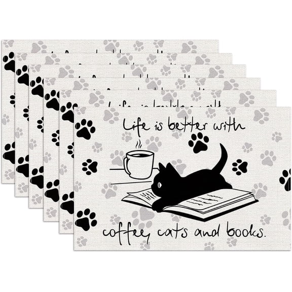 Black Cat Paw Placemats Set of 6,12x18 Inch Cat Lover Linen Place Mat Washable Stain Resistant Table Mats for Spring Summer Seasonal Farmhouse Kitchen Party Home Decor