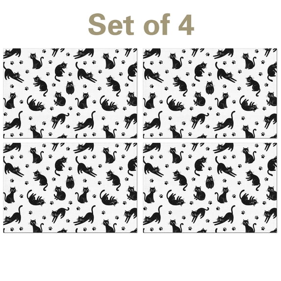 Black Cat and Paw Print White Pattern Linen-look Placemats Set Of 4 ...