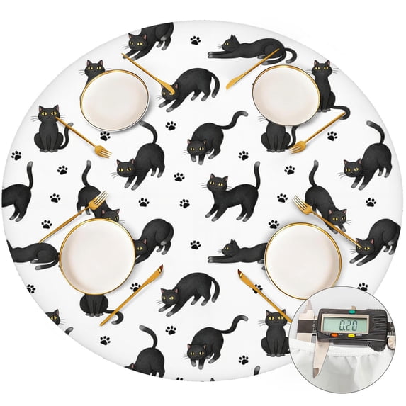 Black Cat and Paw Print White Pattern Round Fitted Tablecloth with Elastic Edge, Waterproof Dining Table Cover for Indoor Outdoor Camping and Daily Use