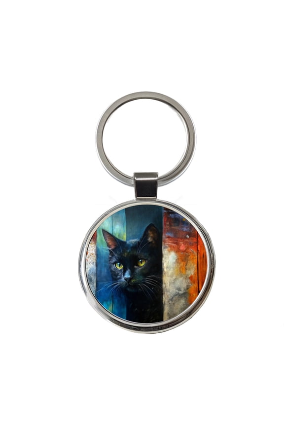 Black Cat Peaking Behind Door Abstract Art Metal Round Keychain