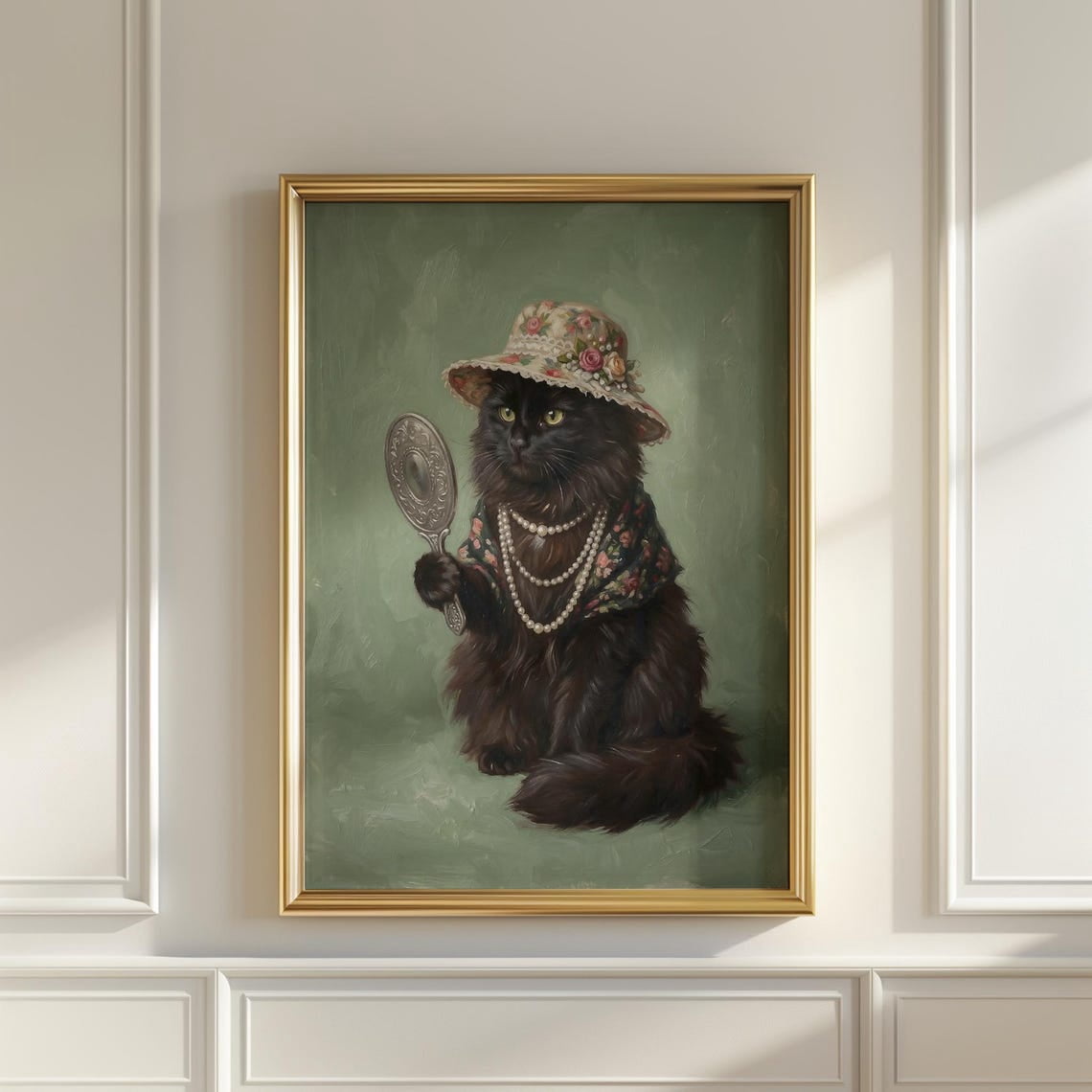 Black Cat Pearls Wall Art Print Whimsical Decor