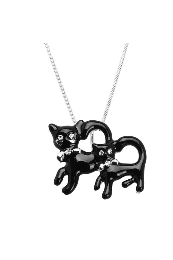 Black Cat Pendant Necklace Rhinestone Crystal Rhodium Plated 17 Inch Snake Chain J0600