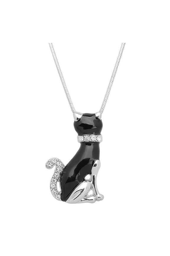 Black Cat Pendant Necklace Rhinestone Crystal Rhodium Plated 17 Inch Snake Chain J0609-BK