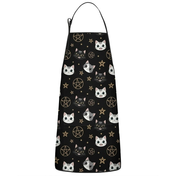 Black Cat Pentagram Star Pattern Apron-Garden Aprons for Women with Pockets-Cotton Linen Waterproof Kitchen Cooking Gardening Aprons Adjustable for Kitchen,Cooking,BBQ and Salon 33x27 Inch