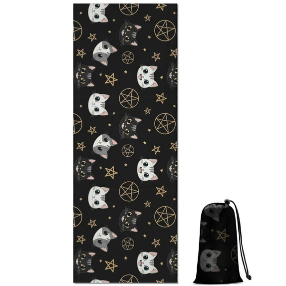 Black Cat Pentagram Star Pattern Hot Yoga Mat Towel Non Slip for Hot Yoga - Quick-Drying Yoga Mat Cover with 4 Corner Pockets with Travel Bag - Hot Yoga Towel Non Slip 74"x26"