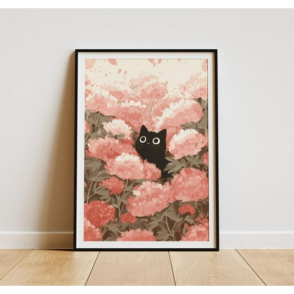 Black Cat Peonies Print, Whimsical Floral Wall Art Home Decor #1859, 8x12 UNFRAMED