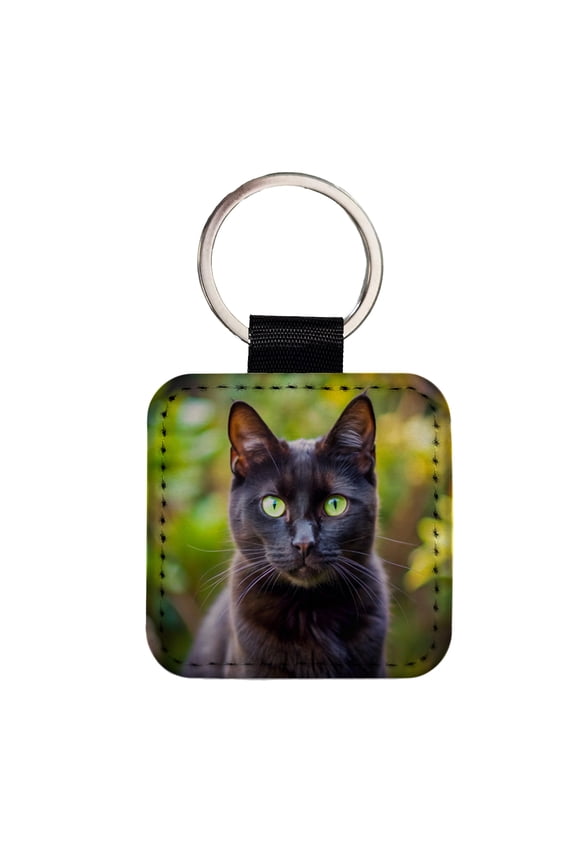 Black Cat Photo Faux Leather Square Keychain