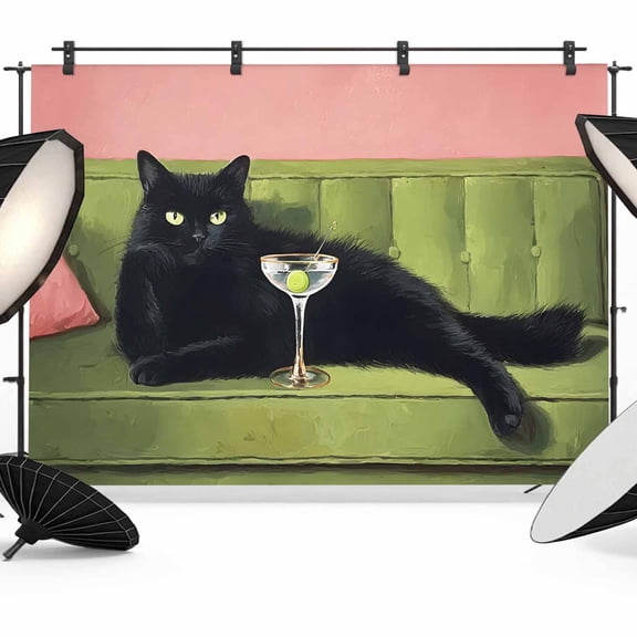 Black Cat Photography Backdrop 7x5FT, Boho Chic Lack Animal Cocktail Party Green Sofa Photo Backdrops, Background for Photography Studio Photo Studio Background, Back Drop for Photoshoot