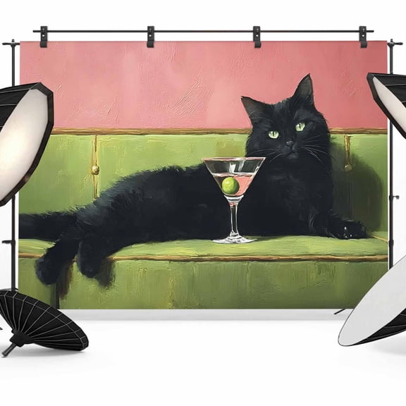 Black Cat Photography Backdrop 7x5FT, Boho Lack Animal Cocktail Party Olive Green Sofa Photo Backdrops, Background for Photography Studio Photo Studio Background, Back Drop for Photoshoot