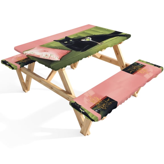 Black Cat Picnic Table Cover with Bench Covers Boho Chic Lack Animal Cocktail Party Green Sofa Waterproof Fitted Picnic Tablecloth 3 Pieces Set Table Cloth for Outdoor Camping Garden BBQ
