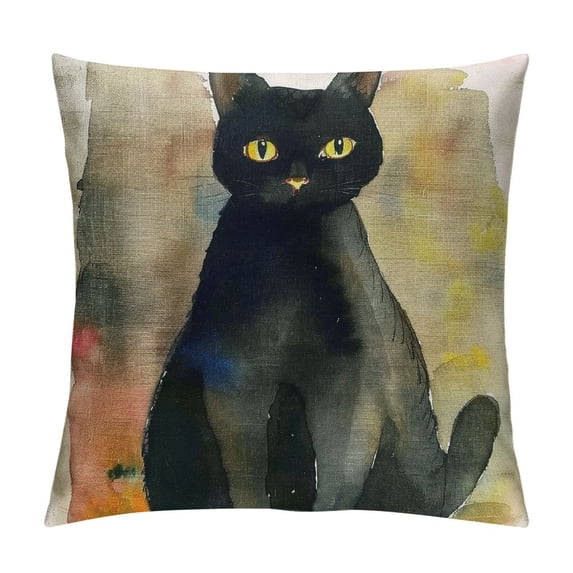 Black Cat Pillow Covers Animal Adorable Cat Decorative Pillow Covers Cotton Linen Oil Painting Pillowcase Square Cushion Covers (Black Cat 03)