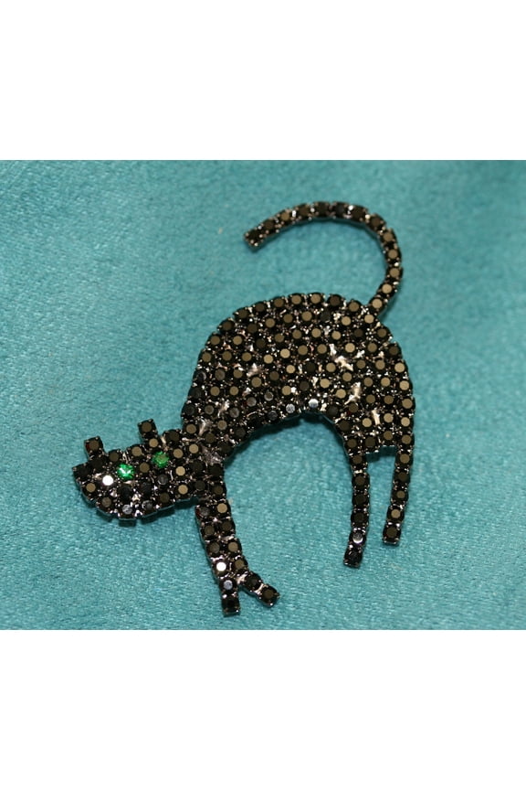 Black Cat Pin, Rhinestone Halloween Black Spooky Cat Brooch Pin, Crystal Black Cat Brooch