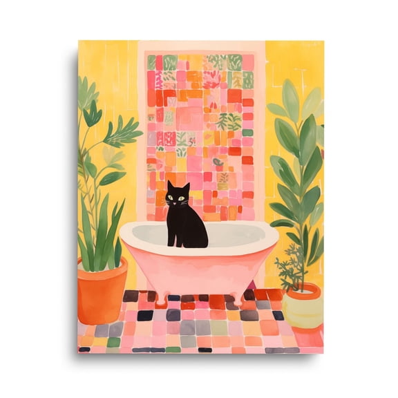 Black Cat In Pink Bathtub Print, Retro Bathroom Wall Art, Vintage Pet Decor, Minimalist Cat Print, Pink Aesthetic Home Artwork Home Decor #278, Unframed Poster Size 24x36