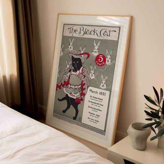Black Cat Piper Rabbits Magazine Illustration Wall Decor Unframed Paper Print