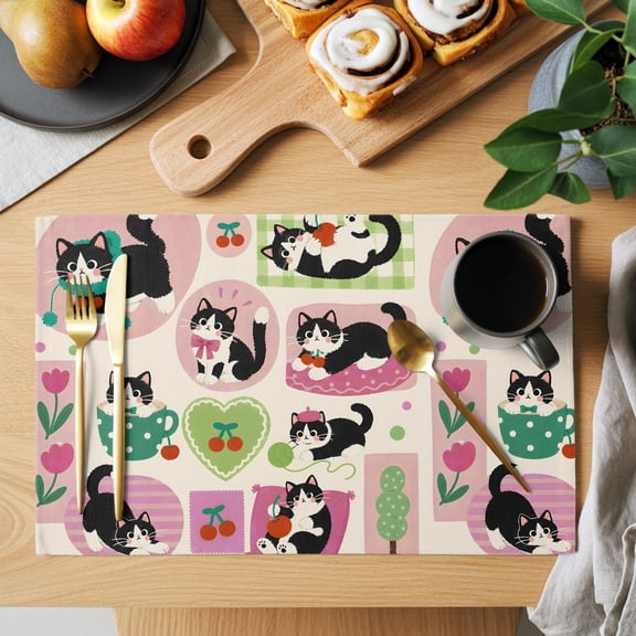 Black Cat Placemats Set of 1, Kawaii Playful Pet Pink Tulips Plaid Shabby Chic Non-Slip Place Mats Washable Table Mats for Kitchen Dining Table Decorations Indoor/Outdoor