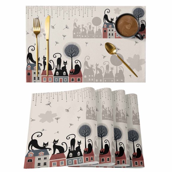 Black Cat Placemats Set of 2, Cotton Linen Fabric Place Mats, Cartoon Modern Art Washable Decorative Table Mats Protector for Home Kitchen Dining Wedding Party Coffee Tables