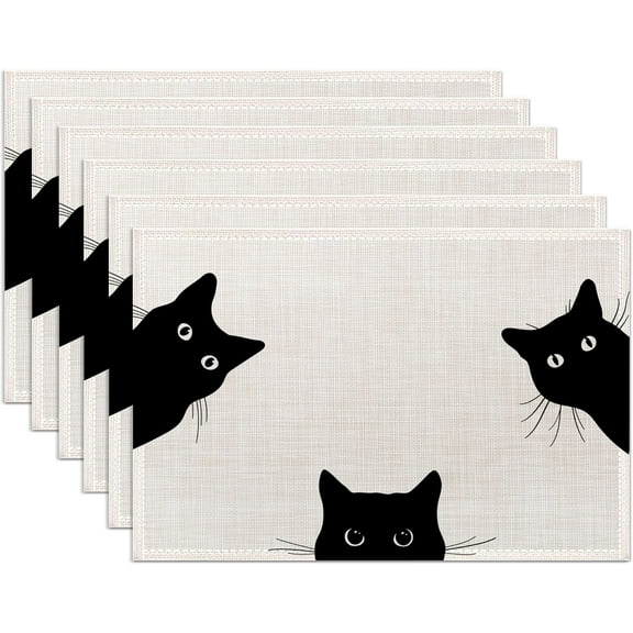 Black Cat Placemats Set of 6,Washable Heat Resistant 12×18 Inch Linen Table Mats Cute Place Mats for Party Outdoor Dining Décor