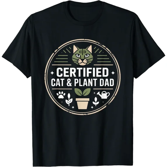 Black Cat & Plant Lover T-Shirt for Certified Cat Dads and Gardening Enthusiasts