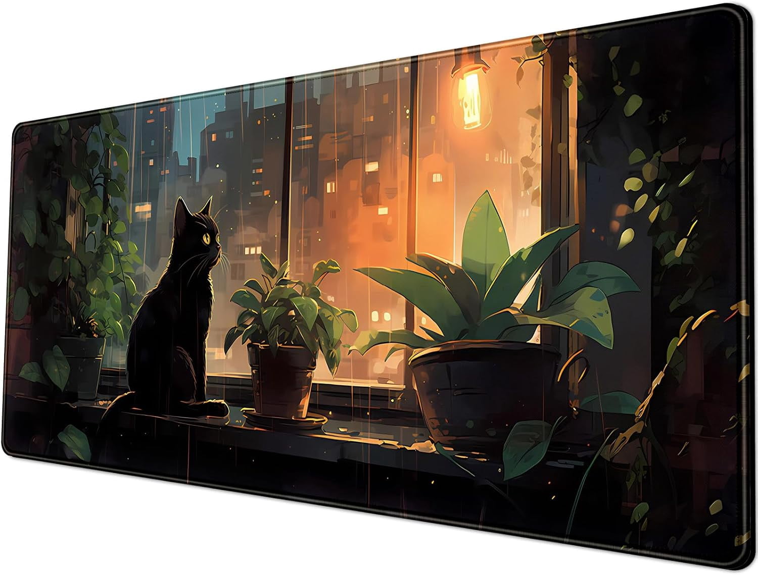 Black Cat Plants Desk Mat Large Gaming Mouse Pad 31.5''X11.8'' Extended Big Mousepad XL Cozy Lofi Desk Pad Cute Dark Academia Aesthetic Keyboard Mouse Mat Anime Office Decor Gift