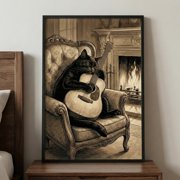 Black Cat Playing Guitar Art music room decor acoustic guitar illustration fireplace wall
