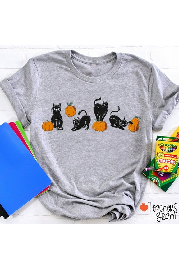 Black Cat Playing Pumpkin Halloween Teacher T-Shirt, Cute Fall Graphic Tee for Educators, Spooky Classroom Shirt for Women, October Outfit