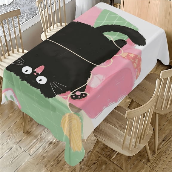 Black Cat Playing with Yarn Rectangle Tablecloth 55 x 77.1 inches Kawaii Cartoon Design for Dining Table Desk Coffee Table Party Home Decor