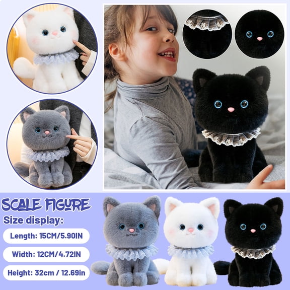 Black Cat Plush, 13 in, Black Cat Stuffed Animal, Cat toy for All Ages, Cat decor for Cat Lovers, Black Cat Gifts, Soft Faux Fur, 1 Pc