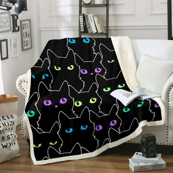 Black Cat Plush Blanket Twin Size for Girls,Colorful Cat Eyes Blanket Pet Theme Throw Blanket for Chair Lovely Kitten Fleece Blanket,Kawaii Animal Silhouette Bedroom Decor Children