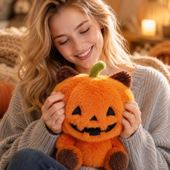 Black Cat Plush, Halloween Indoor Decor, Halloween Pumpkin Decorations, Halloween Party Decor, 10X7 Inch Adorable Orange Jack-O-Lantern Face Stuffed Animal for Halloween Party