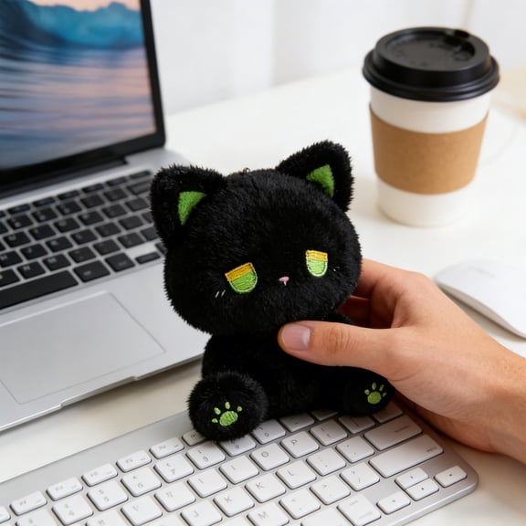 Black Cat Plush,Plushies for Girls,Black Cat Plush Toys, Kawaii Valentines Plushies for Girls Kids Boys, Cute Plush Toy Soft Valentine's Day Gift for Her(Green 6.5IN)