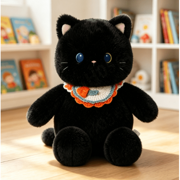 Black Cat Plush Stuffed Kitten Doll, 40cm Kawaii Plush Toy with Heterochromatic Eyes & Colorful Knitted Fish Collar, Skin-Friendly Soft Figure, Ideal Holiday Gift for Teens & Adult Collectors