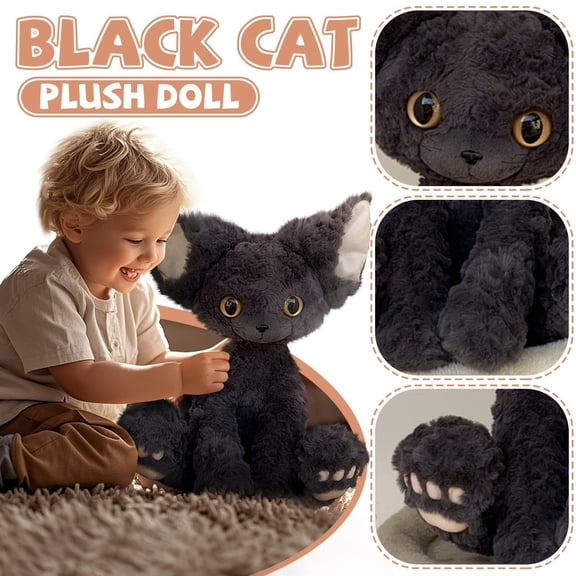 Black Cat Plush Toy, Fluffy Kitty Stuffed Animal with Large Eyes, Soft Sitting Feline Doll for Decorative Display and Animal Fans Gifts L