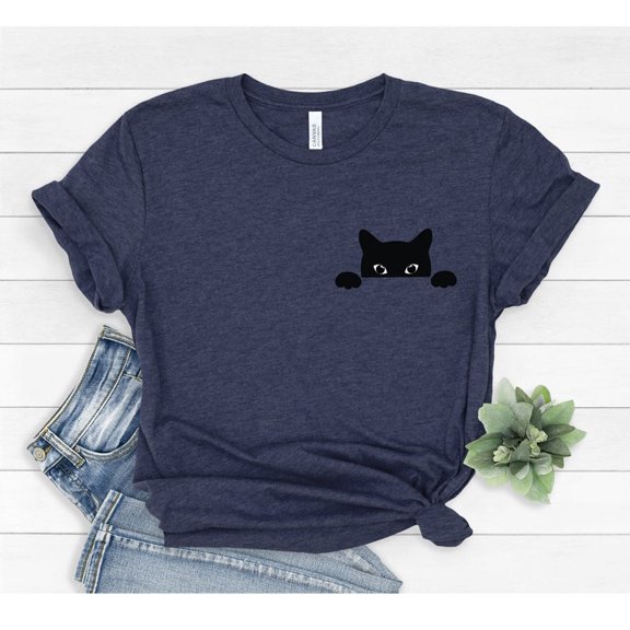 Black Cat Pocket Mom Cute Kitty Lover Goth T-Shirt All Size S-4Xl