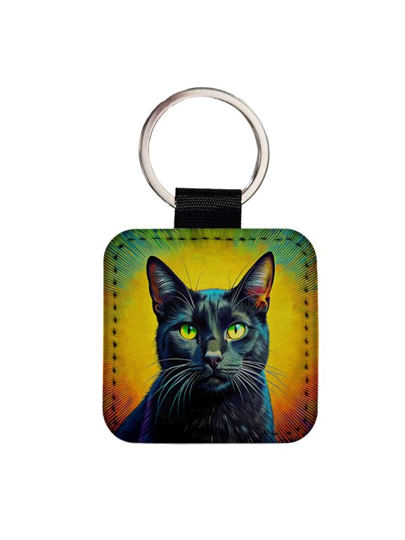 Black Cat Pop Art Faux Leather Square Keychain