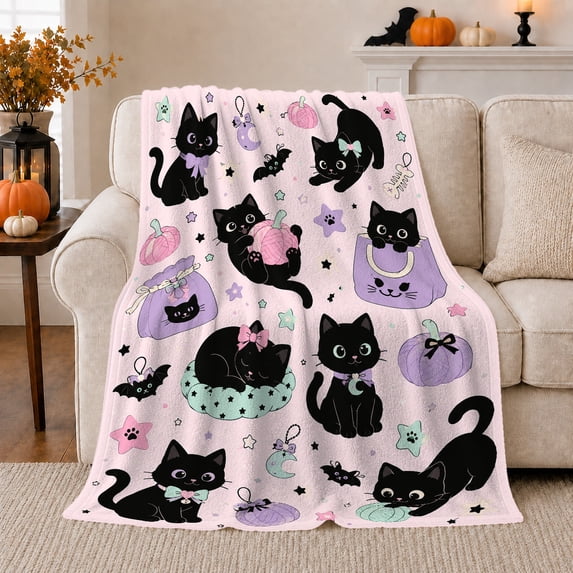 Black Cat Portrait Bright Feline Artwork Playful Graphic Style Cat Lovers Whimsical Feline Motif Warm Flannel Blanket, Pet Adoption Gift for Living Room and Bedroom Home Decor