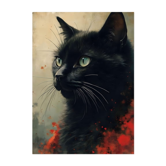 Black Cat Portrait - Drawing Cat Animal Gothic Moody Mystical Portrait Fantasy Unframed Wall Art Print 4 x 6 inches